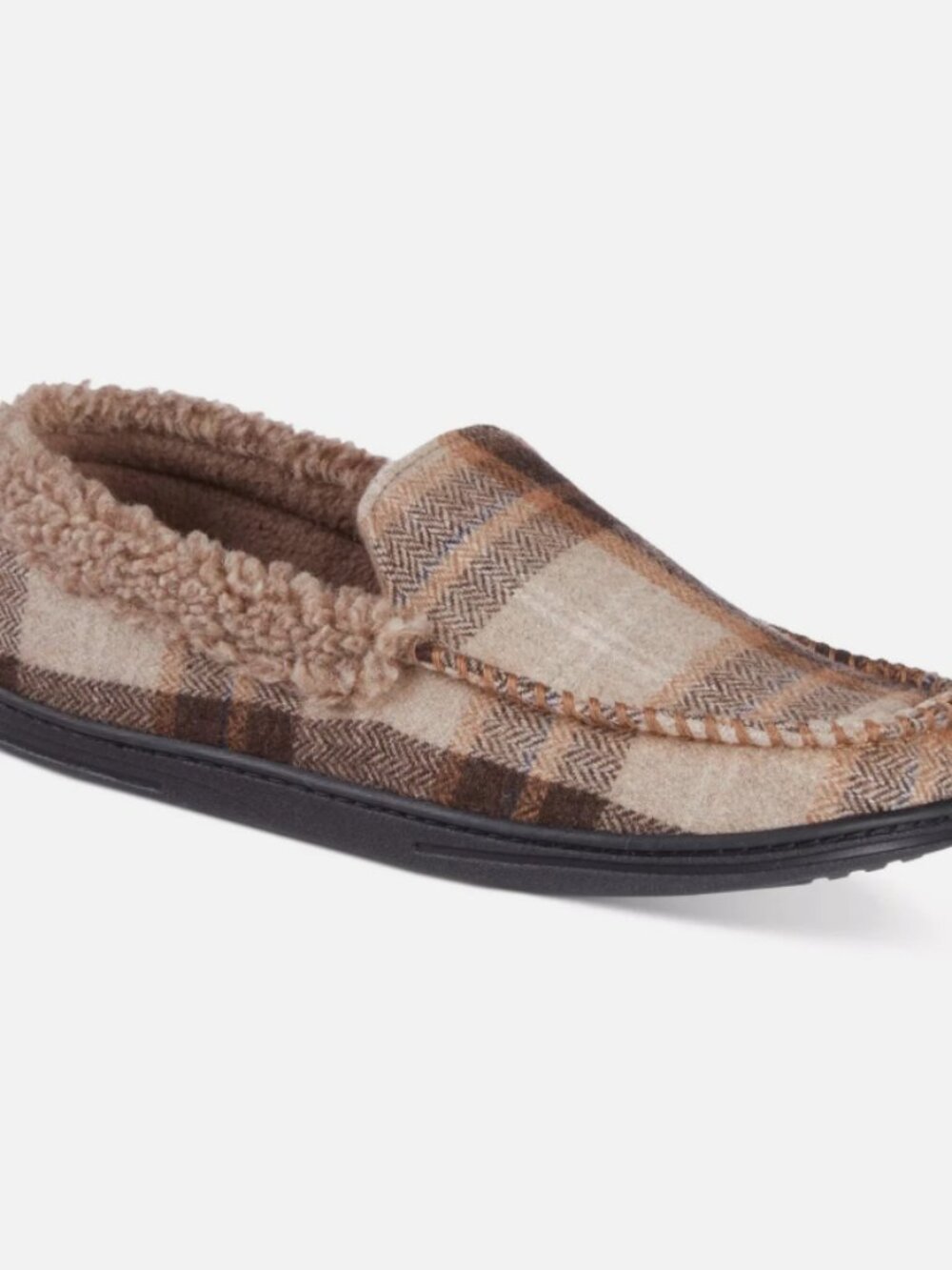 Isotoner Mens Plaid Lewis Moccasin Slipper with gel memory foam Beige MD 8-9.